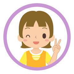 笑顔でピースサインをする女の子のアイコン　子ども　イラスト