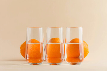 Oranges for glasses of water. Distorted image of water. Art concept, trending photo. Minimalism. Copy space.