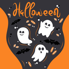 Illustration with decorations in Halloween. Poster of ghosts and black bat. Halloween candy.