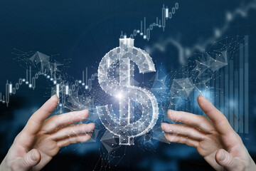 Dollar hologram on the background of financial growth .