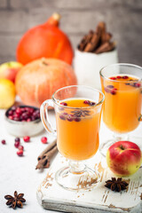 Spicy hot pumpkin punch or sangria in a glass with apple, cinnamon, anise. Halloween and...