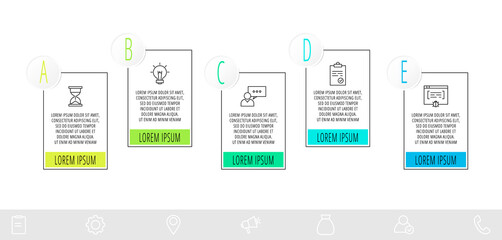 Thin line infographic template with 5 steps, labels. Modern business concept infographics with circles for diagram, workflow layout, presentations, flow chart, info graph, timeline, content, levels.