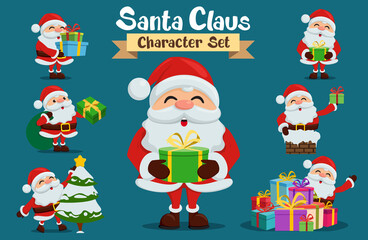 Santa claus characters vector set. Santa cartoon character in different christmas gift giving activity in happy facial expression isolated for xmas holiday season collection design. 