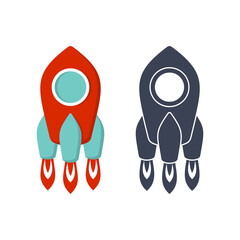 Multicolored rocket and an contour of a dark blue rocket on a white background. 