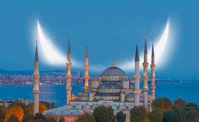 The Sultanahmet Mosque (Blue Mosque) with crescent moon - Istanbul, Turkey