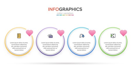 Concept of shopping process with 4 successive steps. Four colorful graphic elements. Timeline design for brochure, presentation, web site. Infographic design layout.