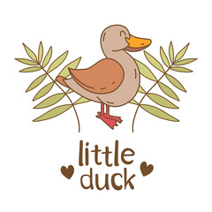 Hand drawn doodle duck character with green leaves and small text