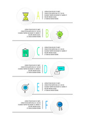 Infographics circles with 6 steps, icons. Flat line vector template. Can be used for six diagrams, business, web, flowchart, info graph, timeline, content, levels, chart. Data visualization.