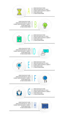 Infographics circles with 8 steps, icons. Flat line vector template. Can be used for eight diagrams, business, web, banner, workflow layout, presentations, flowchart, info graph, timeline, content