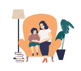Mother and cute daughter reading book together vector flat illustration. Happy woman enjoy motherhood spending time with little girl isolated. Family hold literature with fairy tale sit on armchair