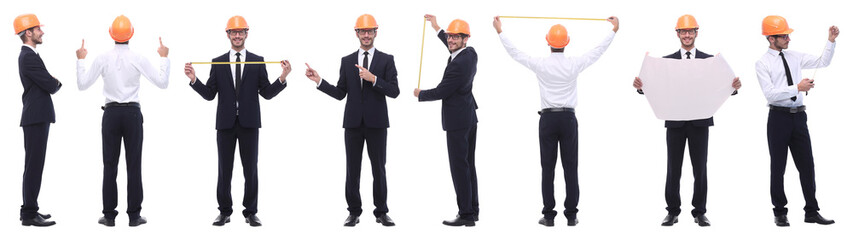 panoramic photo collage of qualified architect isolated on white