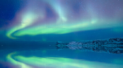 Northern lights (Aurora borealis) in the sky over Tromso fjords - Tromso,  Norway