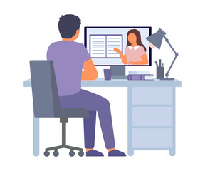 Online education and distance learning at home concept. Computer video conferencing to woman teacher. Video call online meeting. Workspace, remote work, collective virtual meeting. Vector flat