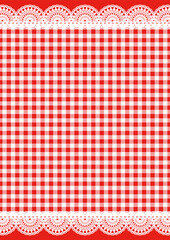 【背景画像素材】ギンガムチェックとレースの背景　レッド
