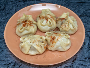 Steamed meat, manti, food on a plate.