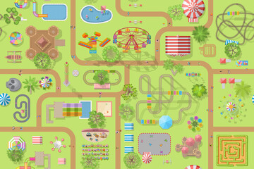 Seamless pattern. Amusement Park. (Top view) Attractions, paths, circus, plants, tents. (View from above)