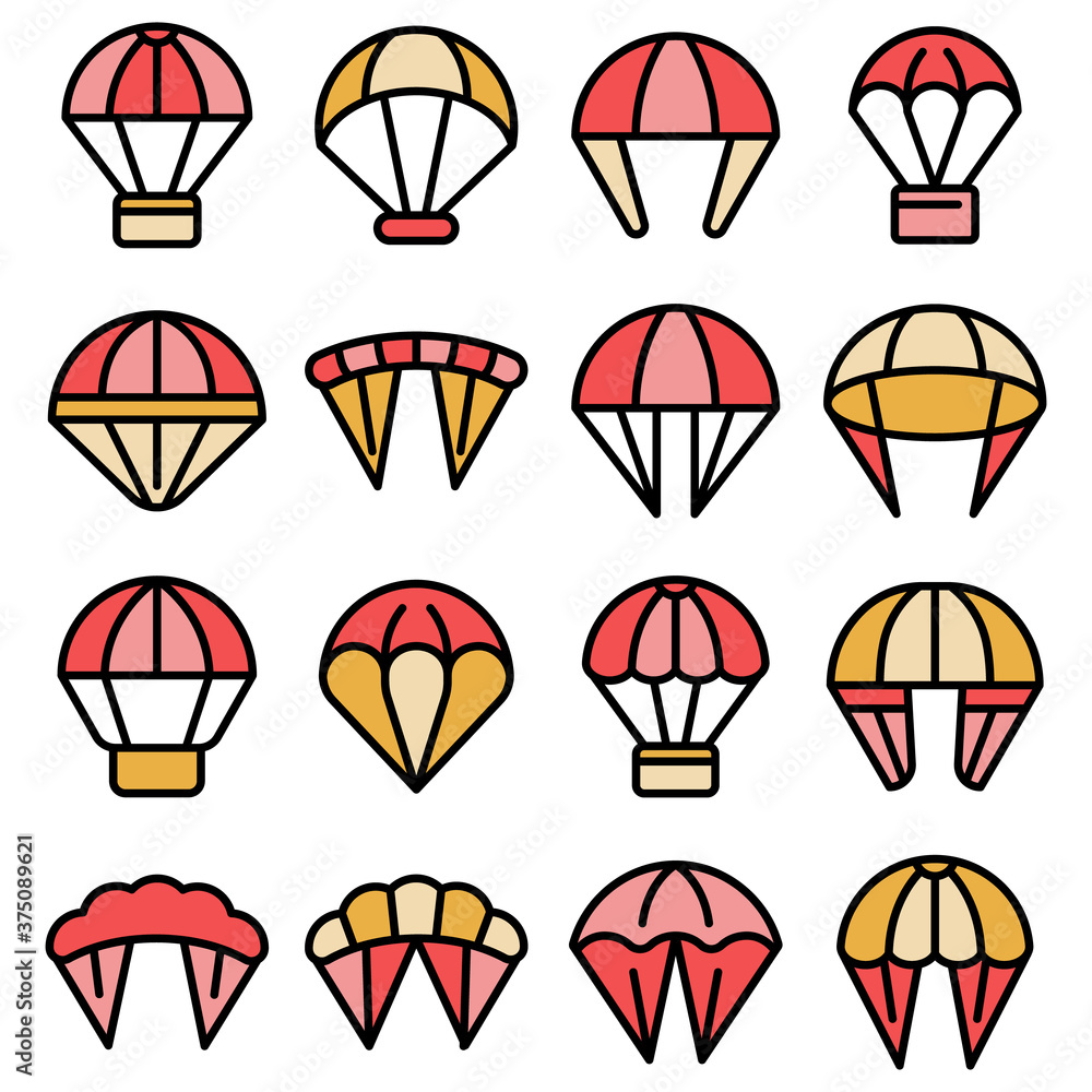 Poster parachuting icons set. outline set of parachuting vector icons thin line color flat on white