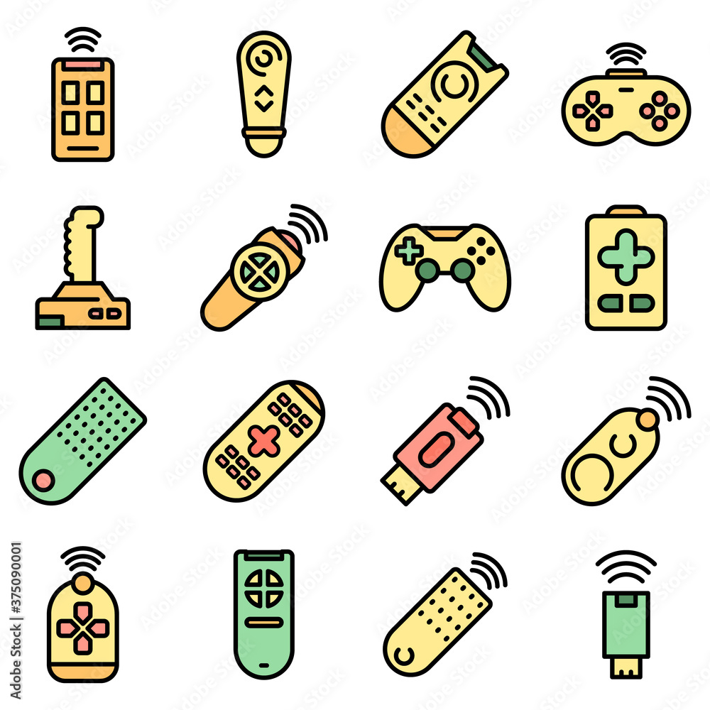 Poster remote control icons set. outline set of remote control vector icons thin line color flat on white