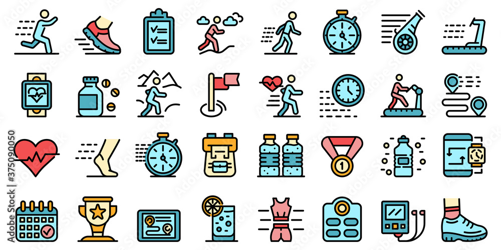 Poster running icons set. outline set of running vector icons thin line color flat on white