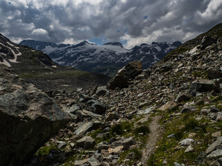 Great views to the peaks and glaciers of the Austrian Alps, Hohe Tauern park. Picturesque and beautiful scene, full of dark clouds, snow and peace in soul. Near city Enzingerboden, Austria, Europe.