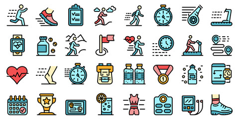 Running icons set. Outline set of running vector icons thin line color flat on white