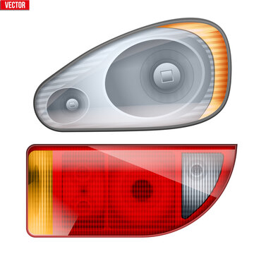 Rectangular Car Headlight And Backlight. Glass Case Of Frontlight And Backlight. Vector Illustration Isolated On White Background.