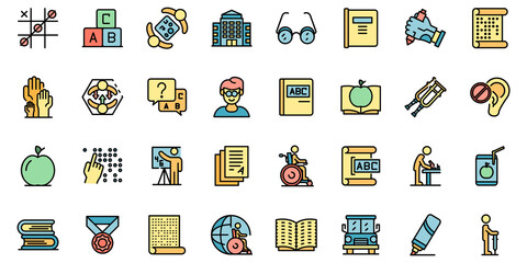 Inclusive education icons set. Outline set of inclusive education vector icons thin line color flat on white