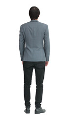 rear view. young man looking at a large white screen