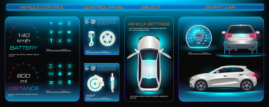 Futuristic car service, scan, diagnose and analyze vehicle data. Electronic touch panel for electric vehicle control. Car dashboard. Conceptual touchscreen car service with HUD, GUI, UI elements
