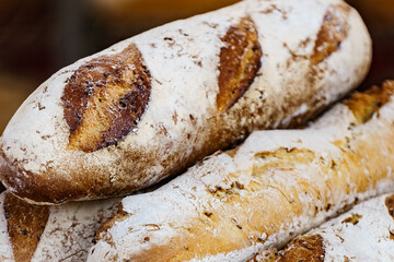 Many rustic fresh bread loaves