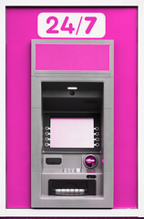 ATM machine, photo of one object in detail as a background, magenta color