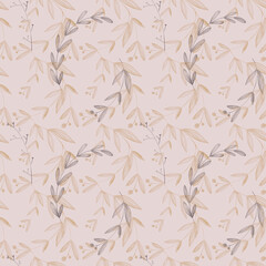 Cozy kawaii autumn leaves and branches square seamless thanksgiving pattern on beige background. Flat textured digital art. Print for fabric, wrapping paper, banner, clothing, postcards, wallpaper