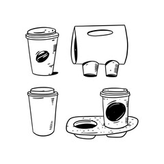 Coffee in a paper cup and takeaway coffee in a stand. Hand drawn sketch. Line art style. Vector illustration.