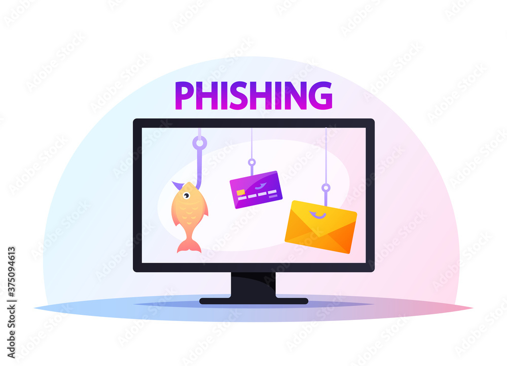 Poster computer monitor with credit cards hanging on hooks at screen, victims of phishing hacker attack los