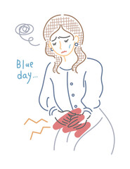 生理痛に悩む女性のイラスト（線画）