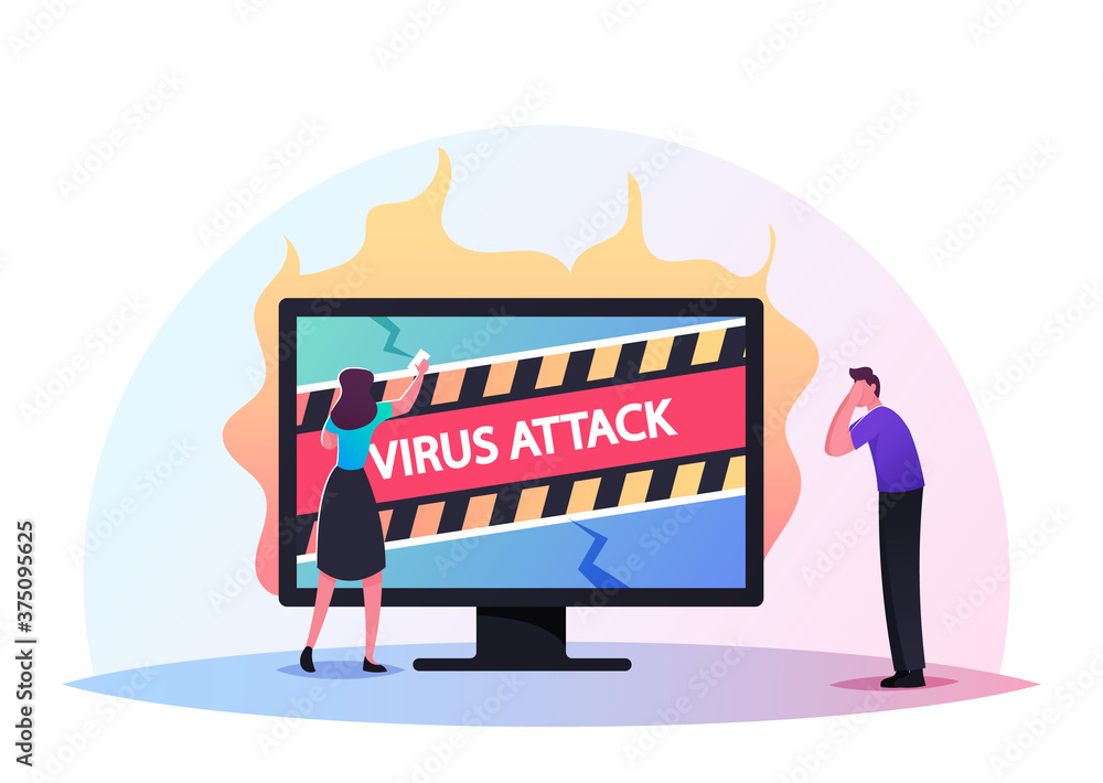 Poster cyberspace security, defence of hacker attack service. trojan worm in pc. tiny male female character