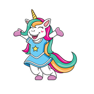 funny unicorn cartoon with blue dress with sweet smile
