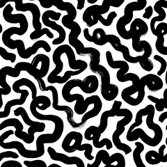 Curly waves hand drawn seamless pattern. Hand drawn curved and wavy lines with grunge circles. Ink brush grunge vector texture. Paint brushstrokes freehand drawing. Abstract wrapping paper, textile.