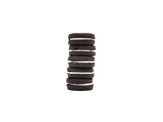Sandwich chocolate cookies filled with a vanilla cream flavour biscuits isolated on white background.
