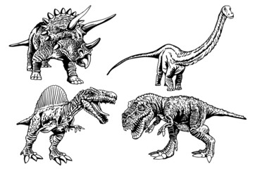 Hand-drawn set of  dinosaurs isolated on white, vector illustration