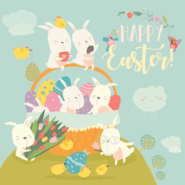 Cute Easter bunnies and easter egg. Happy holidays