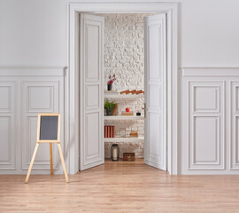 White classic wall background in to the room, brick wall and shelf kitchen style.