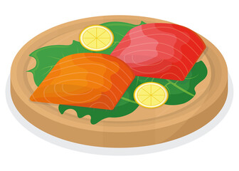 Piece fish tuna salmon, fresh steak tenderloin on wooden kitchen board isolated on white, cartoon vector illustration. Healthy fat seafood stuff icon food.