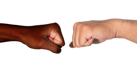 The black African-American hand and the white European hand give a blow to the partnership and cooperation agreement against a grey isolated background.The concept of combating racism