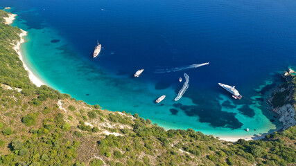 Aerial drone photo of beautiful paradise turquoise sea sandy beach and bay of Gidaki accessible by short hiking in beautiful Ionian island of Ithaki or Ithaca, Greece