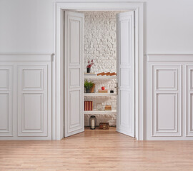 White classic wall background in to the room, brick wall and shelf kitchen style.