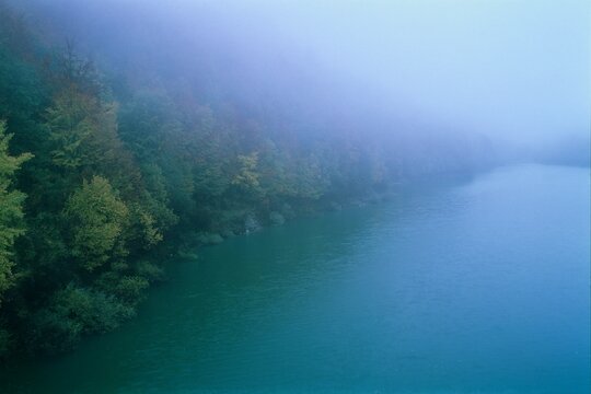 Misty October day at Paltinu Lake, with fall colored trees from the woods visible on the lake side
