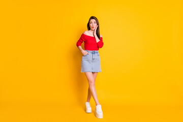 Fototapeta na wymiar Full length body size view of her she nice attractive lovely slender girlish cheery dreamy girl pout lips thinking isolated over bright vivid shine vibrant yellow color background