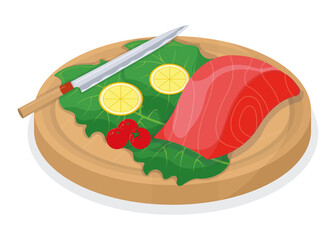 Cut up tuna fish and salmon minnow on wooden kitchen board concept isolated on white, cartoon vector illustration. Design preparation seafood, sharp knife slice meat.