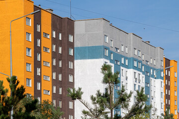 Urban architecture, brightly colored apartment buildings.